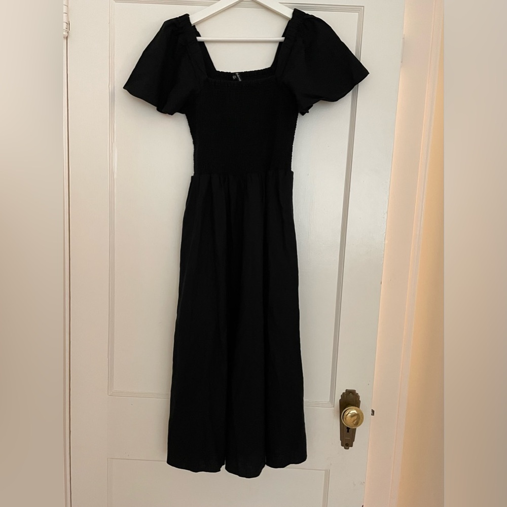 Madewell XXS Black Linen Blend Smocked Lucie Dress
